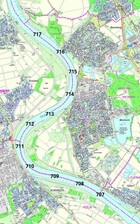 Eine Karte des Monheimer Stadtgebiets mit eingezeichnetem Rheinverlauf