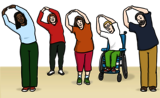 Leichte Sprache Bild: Menschen mit und ohne Behinderungen machen Gymnastik