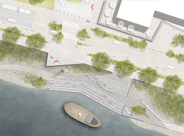 Wassermusik in R(h)einkultur! In Höhe der Kulturraffinerie wird es vor der Freitreppe auch eine schwimmende Bühne geben. Planungsskizze: Strauchwerk Landschaftsarchitekten