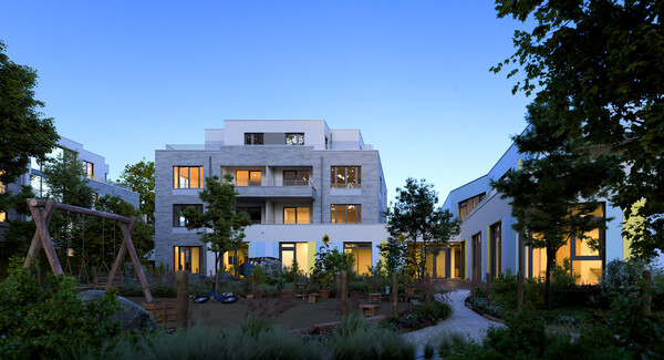 Blick auf den Spielbereich der Kita und die Wohngebäude links und in der Mitte am Abend. Visualisierung: Jan-André Meyer Architekten
