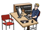 Leichte Sprache Bild: ein Mann im Amt an einem Schreibtisch mit Computer