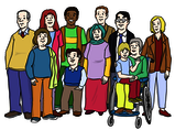 Leichte Sprache Bild: eine gemischte Gruppe von Menschen mit und ohne Behinderungen aus verschiedenen Nationen und mit verschiedenen Religionen