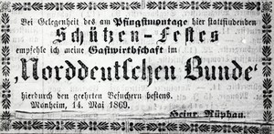 Eine Zeitungsannounce von Heinrich Rüphan vom 14. Mai 1869 zur "Gastwirthschaft im Norddeutschen Bunde"