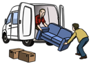 Leichte Sprache Bild: Zwei Menschen laden ein Sofa in einen Lieferwagen