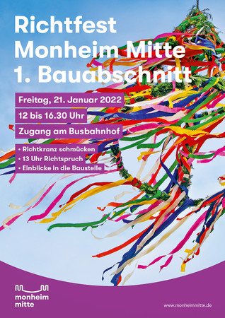 Die Einladung steht: Herzlich willkommen zum Richtfest für den ersten großen Bauabschnitt von Monheims neuer Mitte.