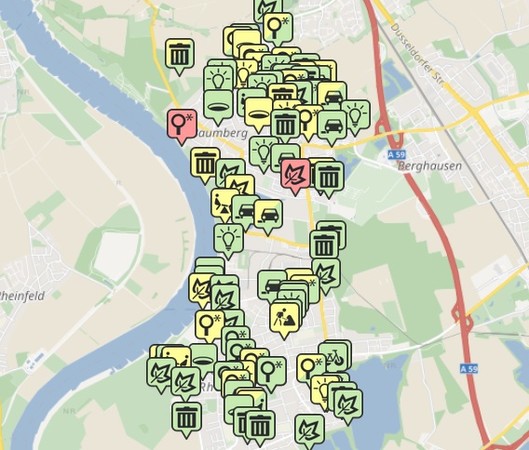 Rot, gelb, grün oder grün-gelb: Die Markierungen auf der Stadtkarte zeigen den Bearbeitungsstatus der gemeldeten Mängel an. Jeder Statuswechsel ist transparent nachvollziehbar. Foto: Screenshot