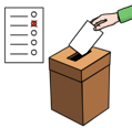 Leichte Sprache Bild: Eine Hand wirft einen Wahlzettel in eine Urne, links danneben ein Wahlzettel mit einem Kreuz in einem Feld