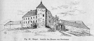 Zeichnung des Haus Bürgel aus nordöstlicher Perspektive
