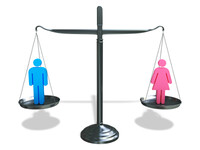 Ein digitales Bild einer altmodischen Waage, in der linken Waagschale ist eine männliche Figur in blau, in der rechten Waagschale eine weibliche Figur in rosa, beide Waagschalen sind gleich hoch