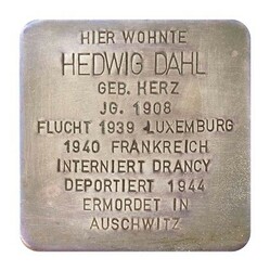 Stolperstein mit der Inschrift: Hier wohnte Hedwig Dahl, Geb. Herz, JG. 1908, Flucht 1939 Luxemburg, 1940 Frankreich, Interniert Drancy, Deportiert 1944, Ermordet in Auschwitz