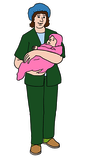 Leichte Sprache Bild: Eine Frau in grüner OP-Kleidung hält ein Baby in einem Tuch auf dem Arm