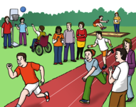 Leichte Sprache: Viele Menschen mit und ohne Behinderungen bei einem Sportfest