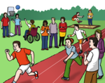 Leichte Sprache Bild: Menschen mit und ohne Behinderungen bei einem Sportfest