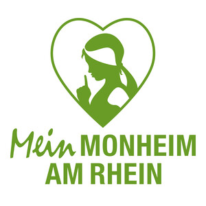 In grün auf weiß: Die Gänseliesel in einem Herz, darunter steht: Mein Monheim am Rhein