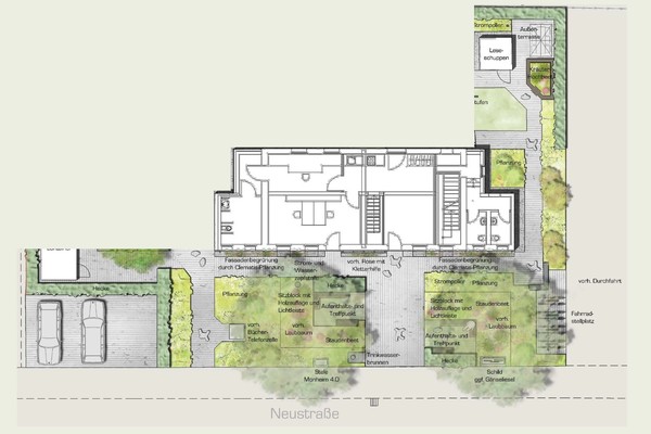 Der Plan zeigt, wie der Vorgarten des Ulla-Hahn-Hauses in den kommenden Wochen umgestaltet wird. Grafik: Stadt Monheim am Rhein