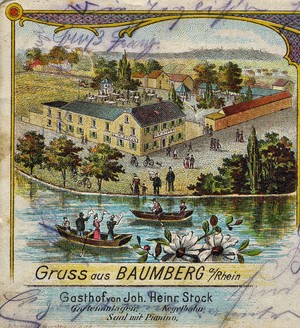 Ein Ausschnitt aus einer alten gemalten Postkarte. Die Postkarte zeigt das Gebäude der Alten Post direkt am Rhein