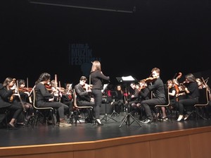 Das Orchester auf einer Bühne mitten in einem Musikstück