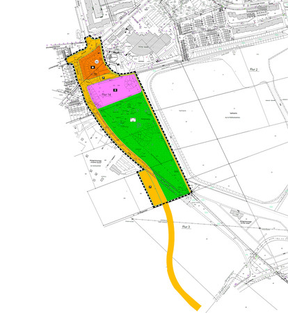 Der Bebauungsplan 106M „östlich Heide“, hier schwarz gestrichelt umrandet, bietet genug Platz für gleich mehrere planerische Großprojekte. Gelb gekennzeichnet ist hier im östlichen Bereich des Plans der künftige Verlauf der neuen Nord-Süd-Spange. Grafik: Stadt Monheim am Rhein