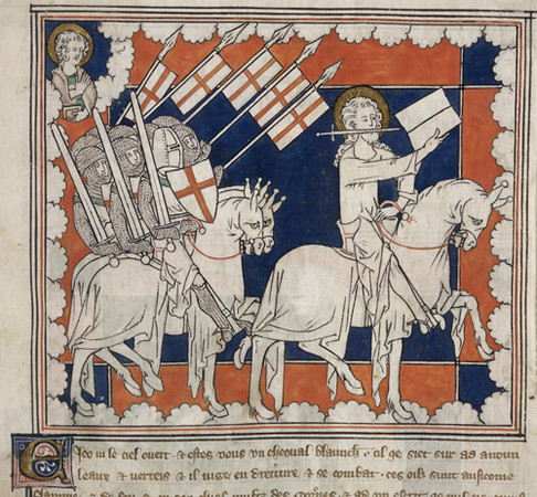 Auf dieser Abbildung führt Christus die Kreuzfahrer in die Schlacht. Quelle: Miniatur aus der „Queen Mary Apocalypse“, 14. Jh., British Library