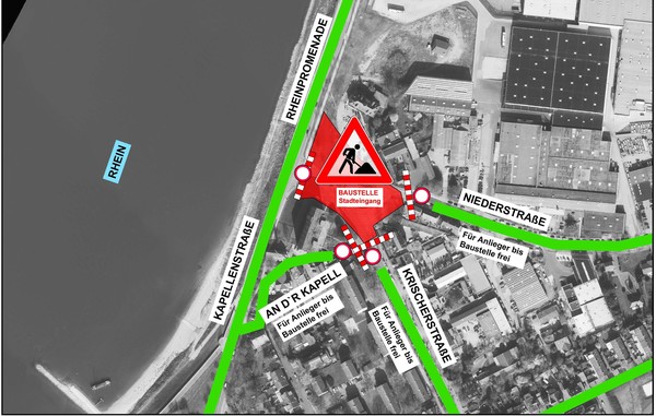 Ab Mittwoch ist die Rheinpromenade für den Verkehr wieder geöffnet. Nieder- und Krischerstraße werden an der Baustelle zu Sackgassen. Grafik: Stadt Monheim am Rhein