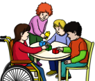 Leichte Sprache Bild: Kinder mit und ohne Behinderungen spielen zusammen an einem Tisch