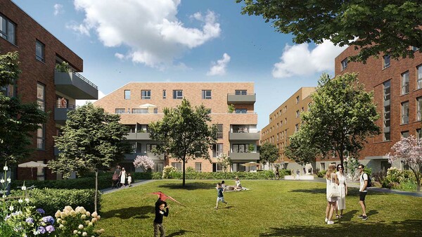 Insgesamt 18 Gebäude entstehen im Sophie-Scholl-Quartier. Dazwischen gibt es Grünflächen, Spielplätzen für Kinder und einen Outdoor-Fitnessbereich. Visualisierung: Konrath und Wennemar Architekten und Ingenieure 