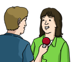 Leichte Sprache Bild: Eine Frau spricht in das Mikrofon eines Mannes