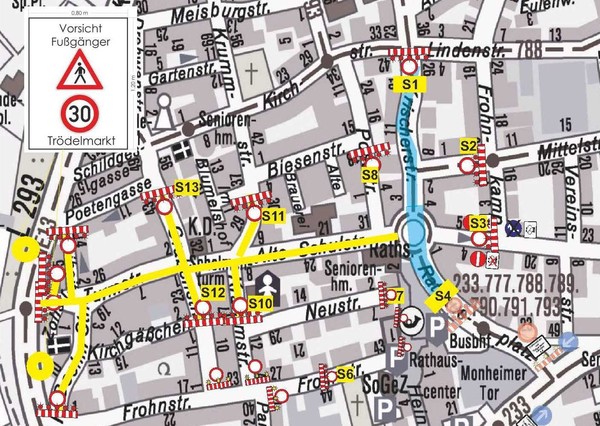 Wegen des Gänselieselmarkts gelten am Samstag, 16. Juni, weiträumige Straßensperrungen. Grafik: Stadt Monheim am Rhein