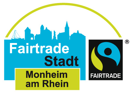 Das Logo der Fairtrade-Stadt Monheim am Rhein mit dem offiziellen Fairtrade-Logo
