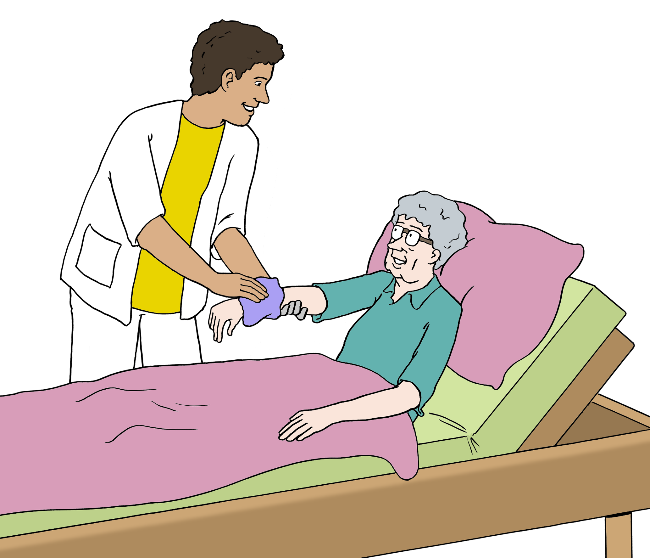 Leichte Sprache Bild: Ein Pfleger versorgt eine ältere Frau in einem Bett