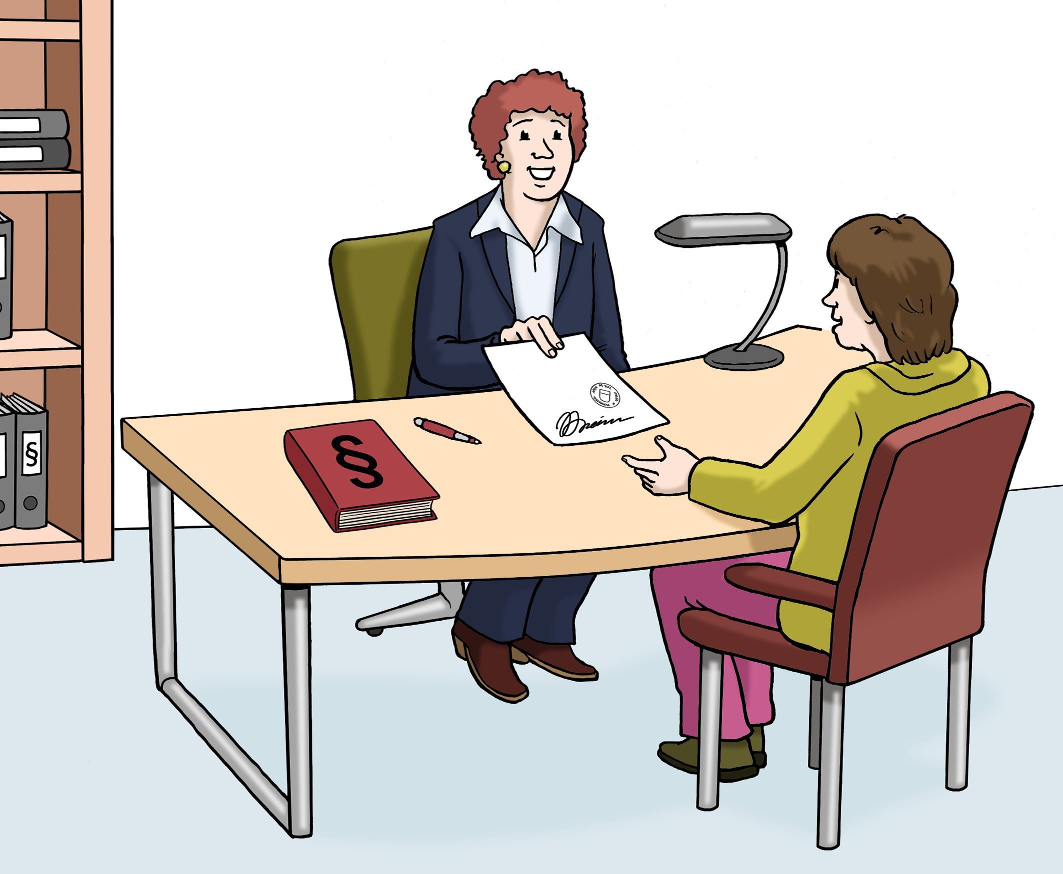 Leichte Sprache Bild: Eine Notarin überreicht einer Frau ein beglaubigtes Dokument