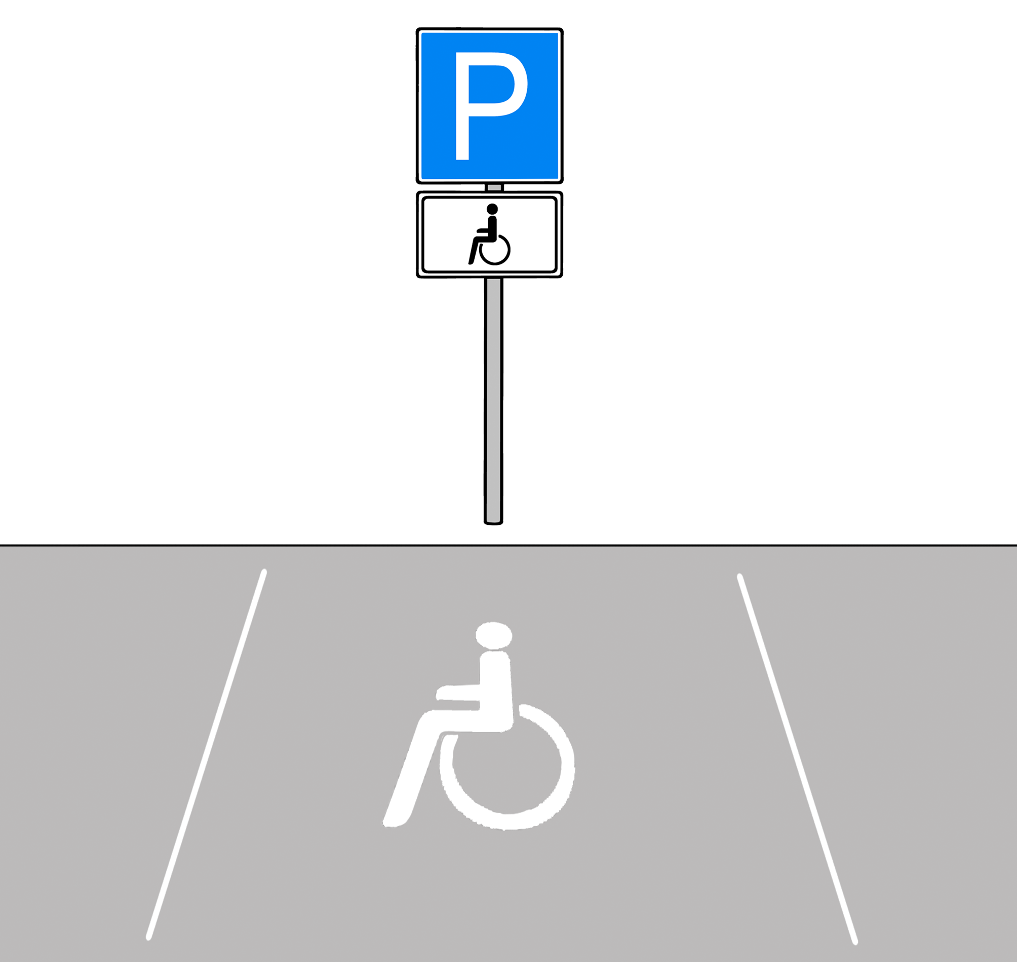 Leichte Sprache Bild: Ein Parkplatz mit dem Symbol eines Rollstuhfahrers auf dem Boden und auf einem Schild