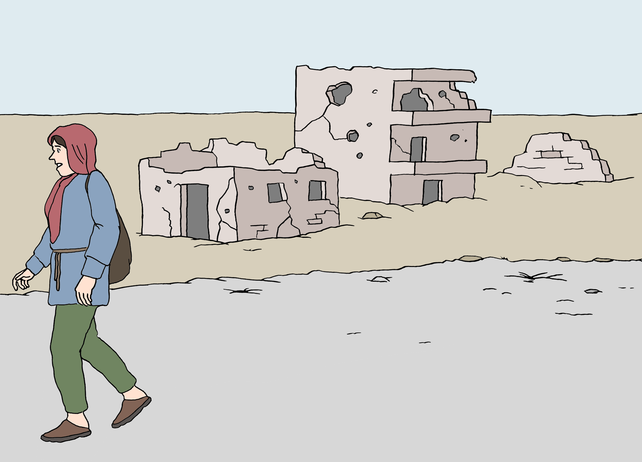 Leichte Sprache Bild: eine Frau mit Kopftuch geht an einer Ruine vorbei