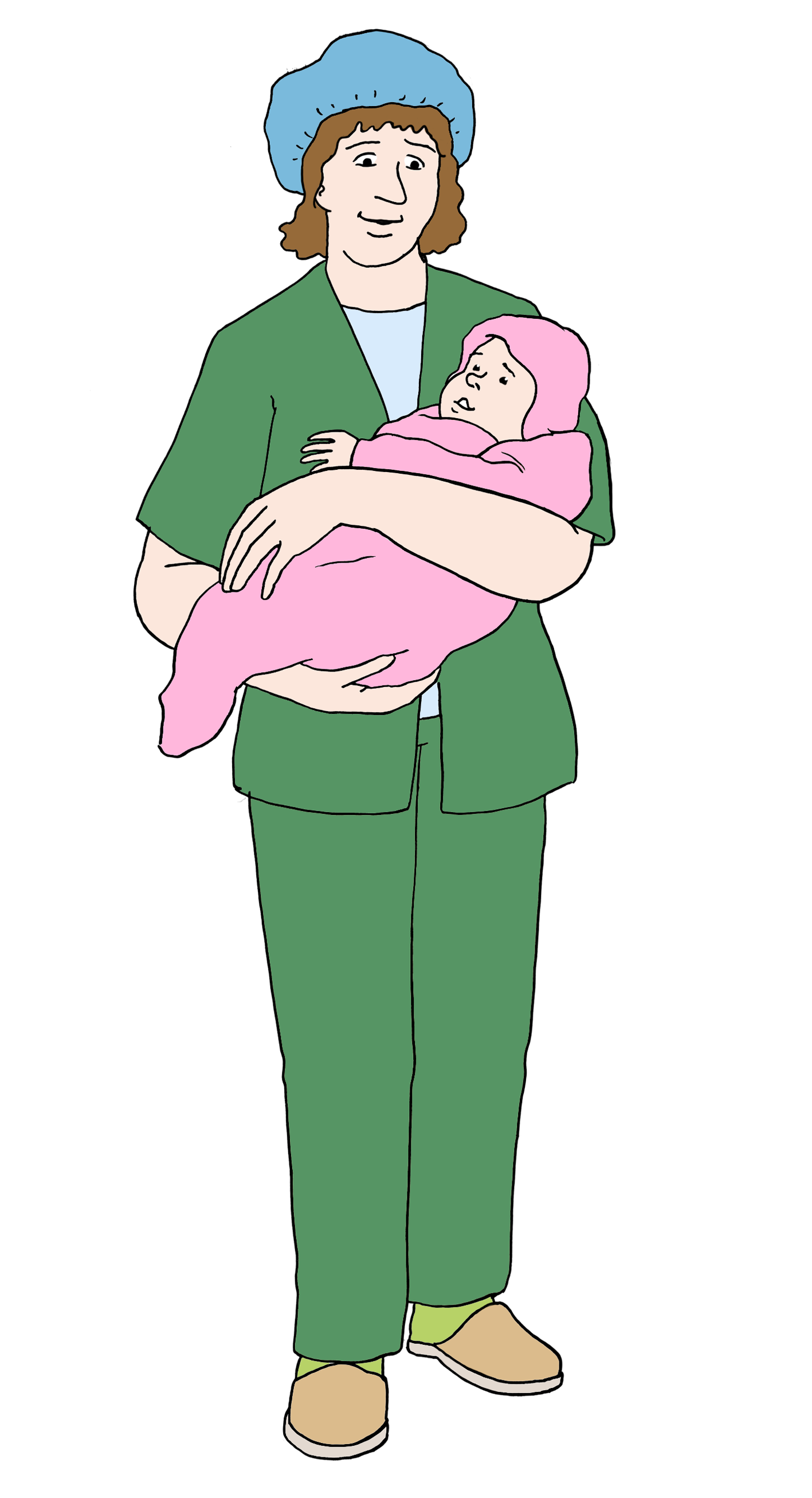 Leichte Sprache Bild: Eine Hebamme mit einem Neugeborenen auf dem Arm