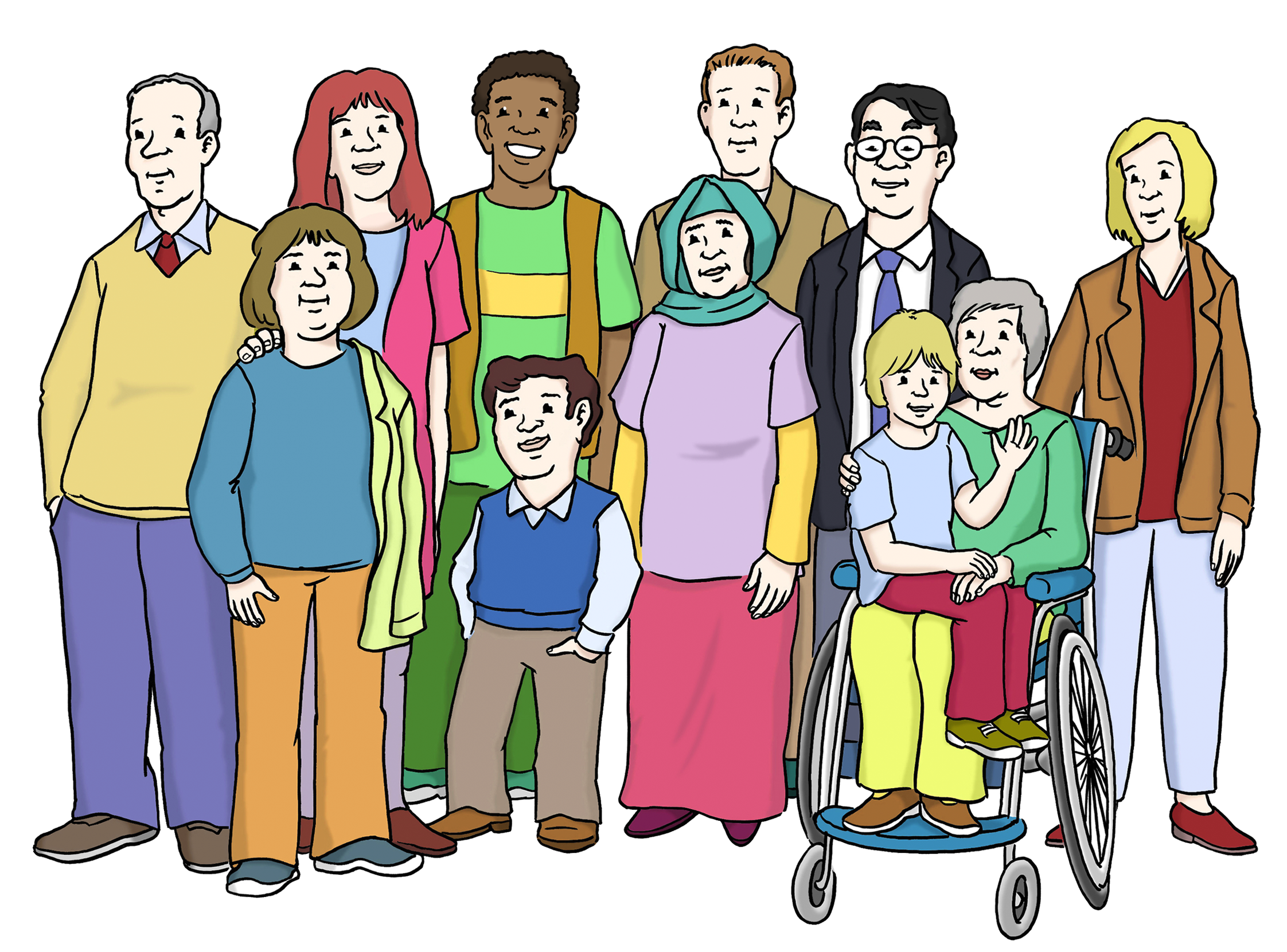 Leichte Sprache Bild: Menschen mit und ohne Behinderungen und aus verschiedenen Nationen stehen zusammen