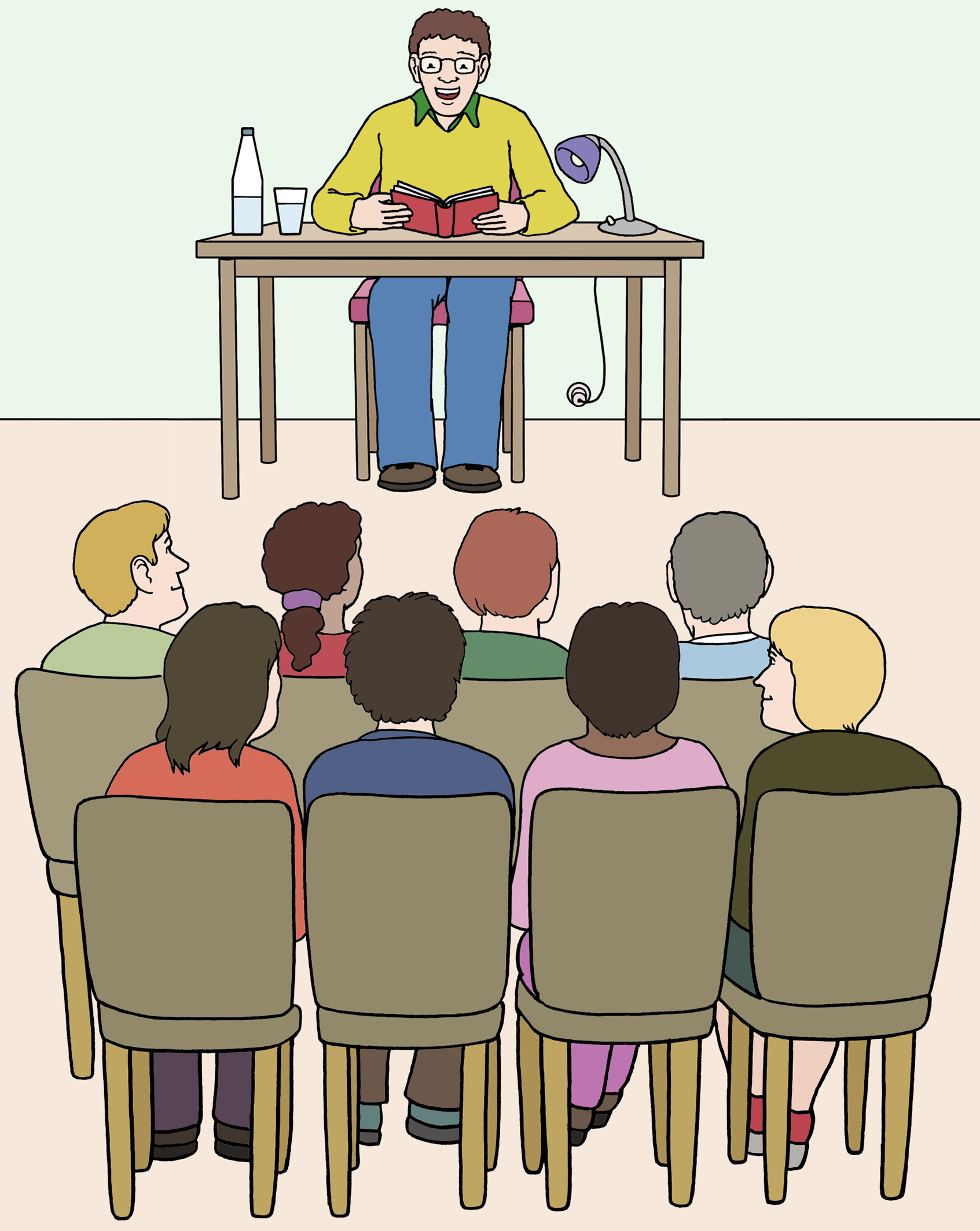 Leichte Sprache Bild: Ein Mann liest bei einer Lesung vor Publikum