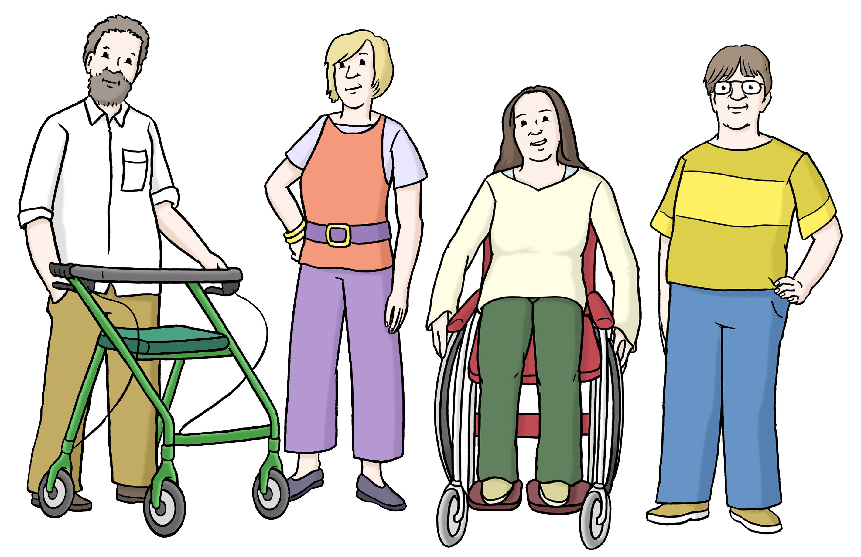 Leichte Sprache Bild: vier Menschen nebeneinander, davon ein Mann mit Rollator und eine Frau im Rollstuhl