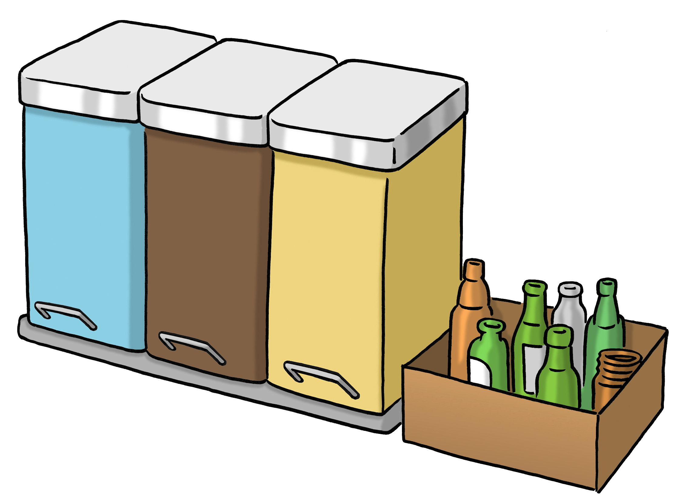 Leichte Sprache Bild: eine blaue, braune und gelbe Mülltonne nebeneinander, danneben ein Karton mit Altglas