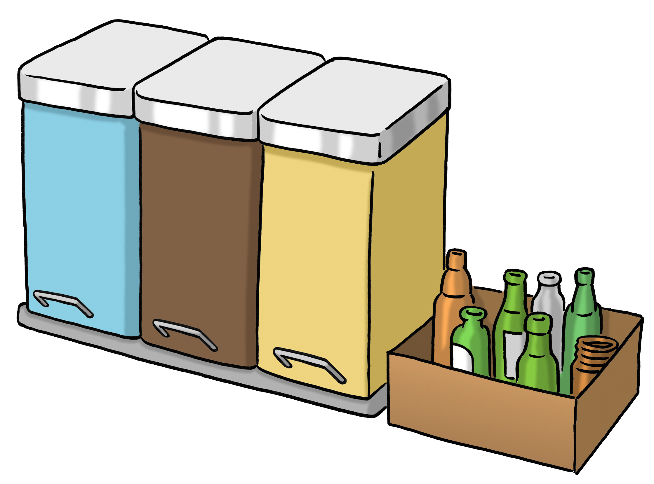 Leichte Sprache Bild: mehrere Mülltonnen, danneben ein Karton Altglas