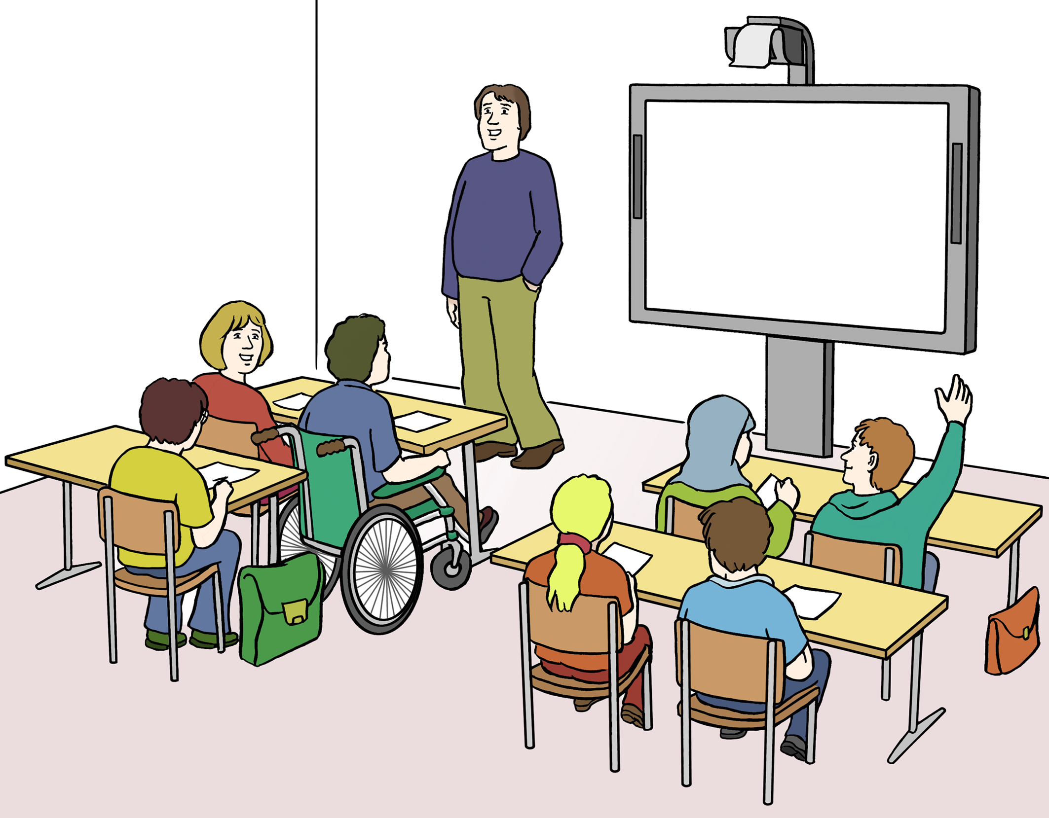 Leichte Sprache Bild: Blick in einen Klassenraum, anstatt einer Tafel gibt es ein modernes Active Board