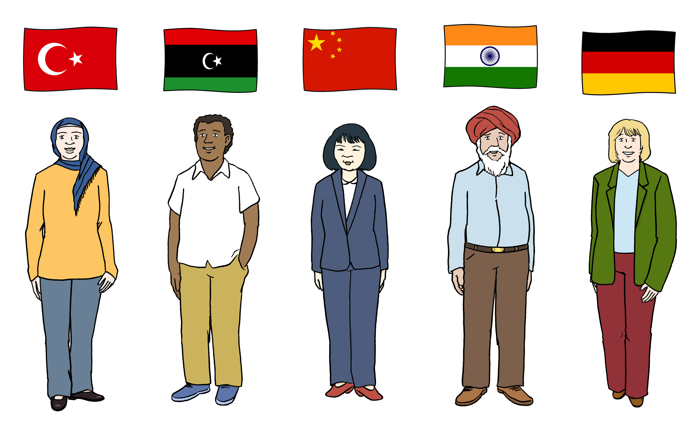 Leichte Sprache Bild: Menschen verschiedener Staatsangehörigkeiten nebeneinander, über ihren Köpfen fünf verschiedenen Landesflaggen