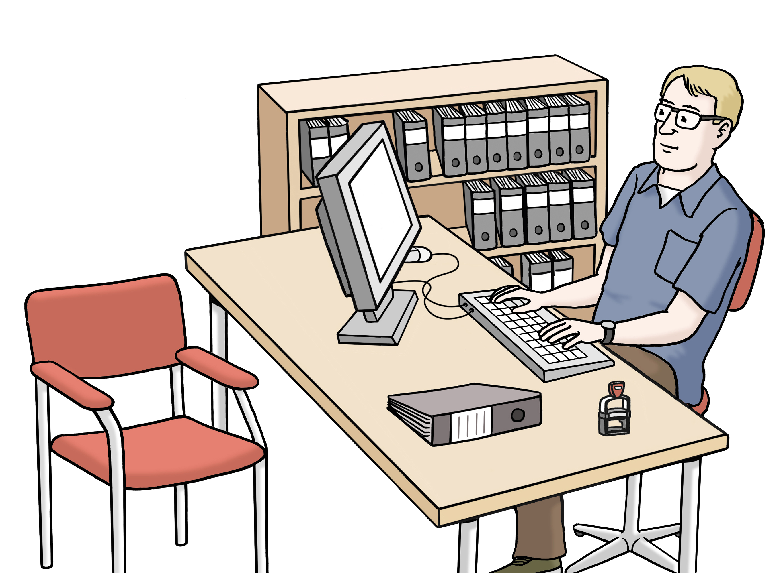 Leichte Sprache Bild: Ein Mann im Amt an einem Tisch mit Computer