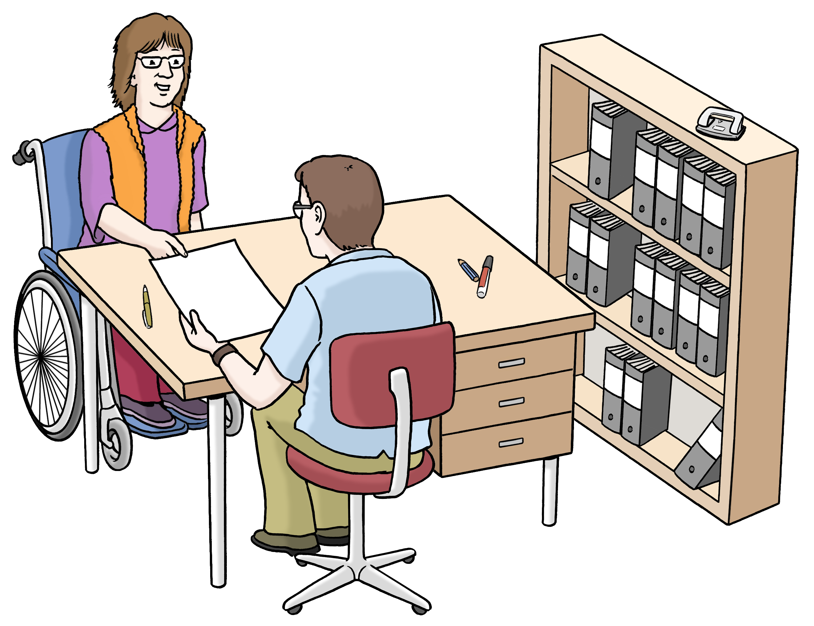 Leichte Sprache Bild: Eine Frau im Rollstuhl in einem Büro. Sie übergibt einem Mann am Schreibtisch einen Zettel