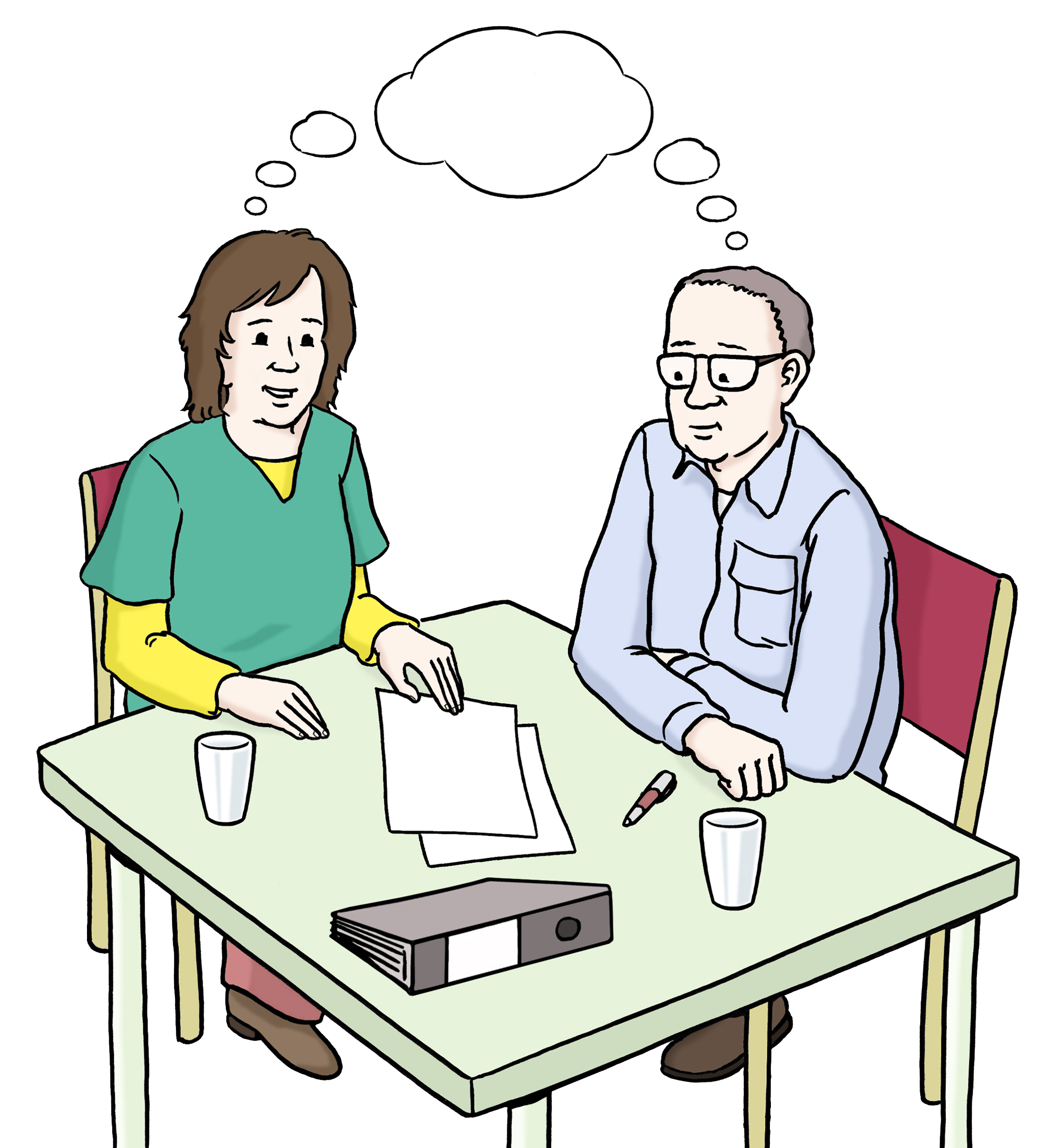 Leichte Sprache Bild: Zwei Personen sitzen an einem Tisch und denken gemeinsam nach