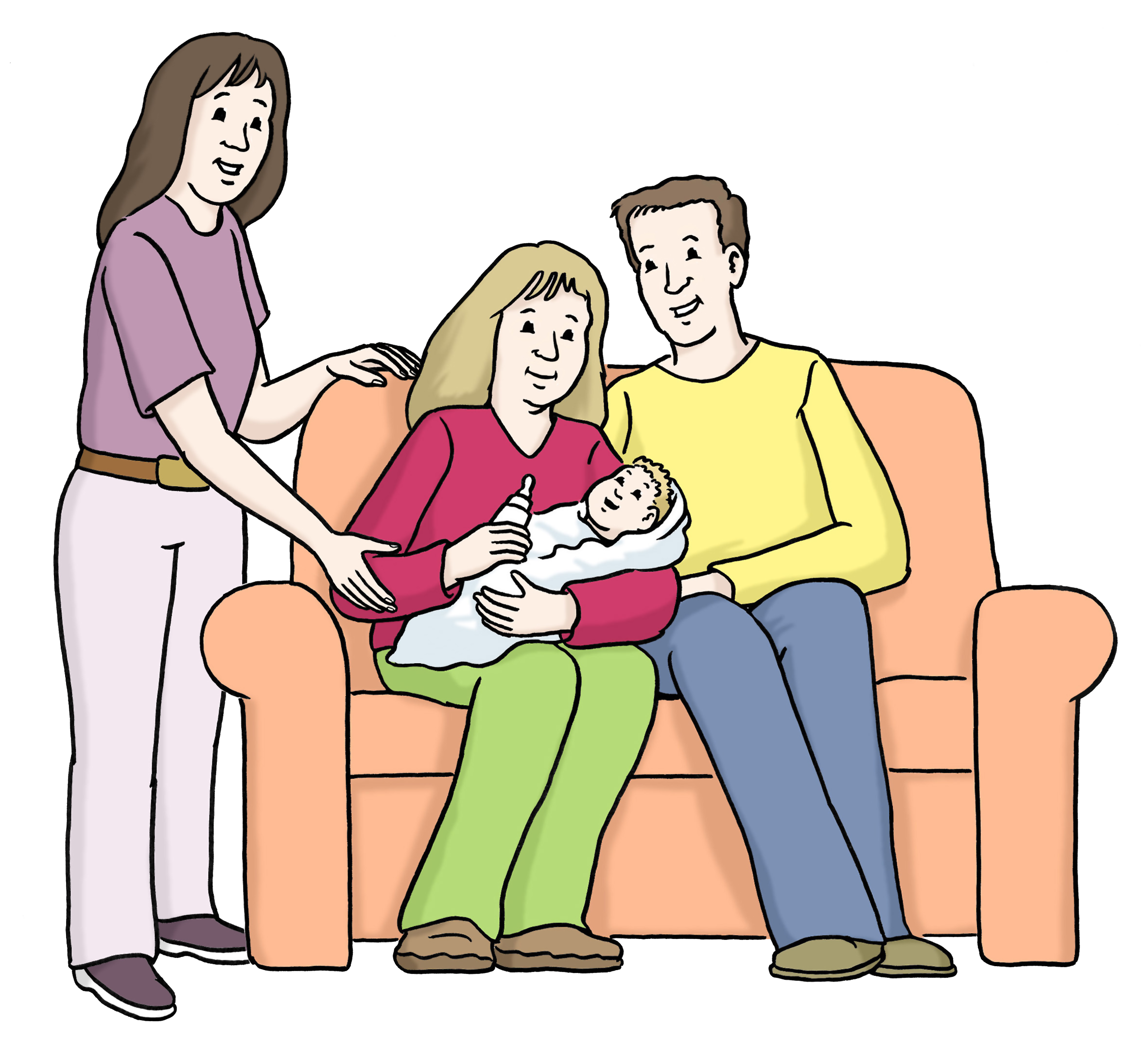 Leichte Sprache Bild: Eltern mit Baby auf einer Couch, daneben eine Frau als Unterstützung