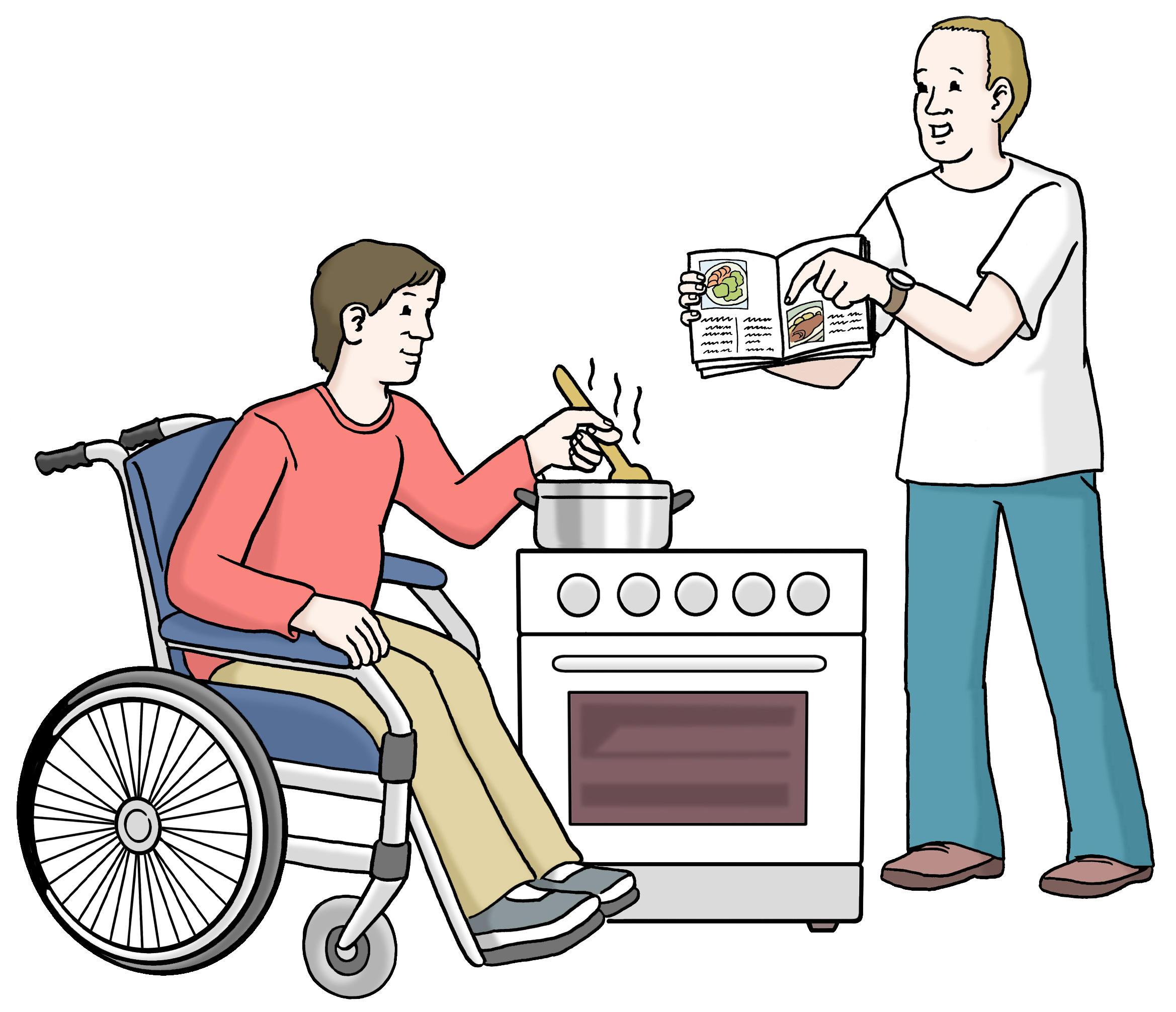 Leichte Sprache Bild: Zwei Menschen kochen zusammen, davon sitzt ein Mensch im Rollstuhl