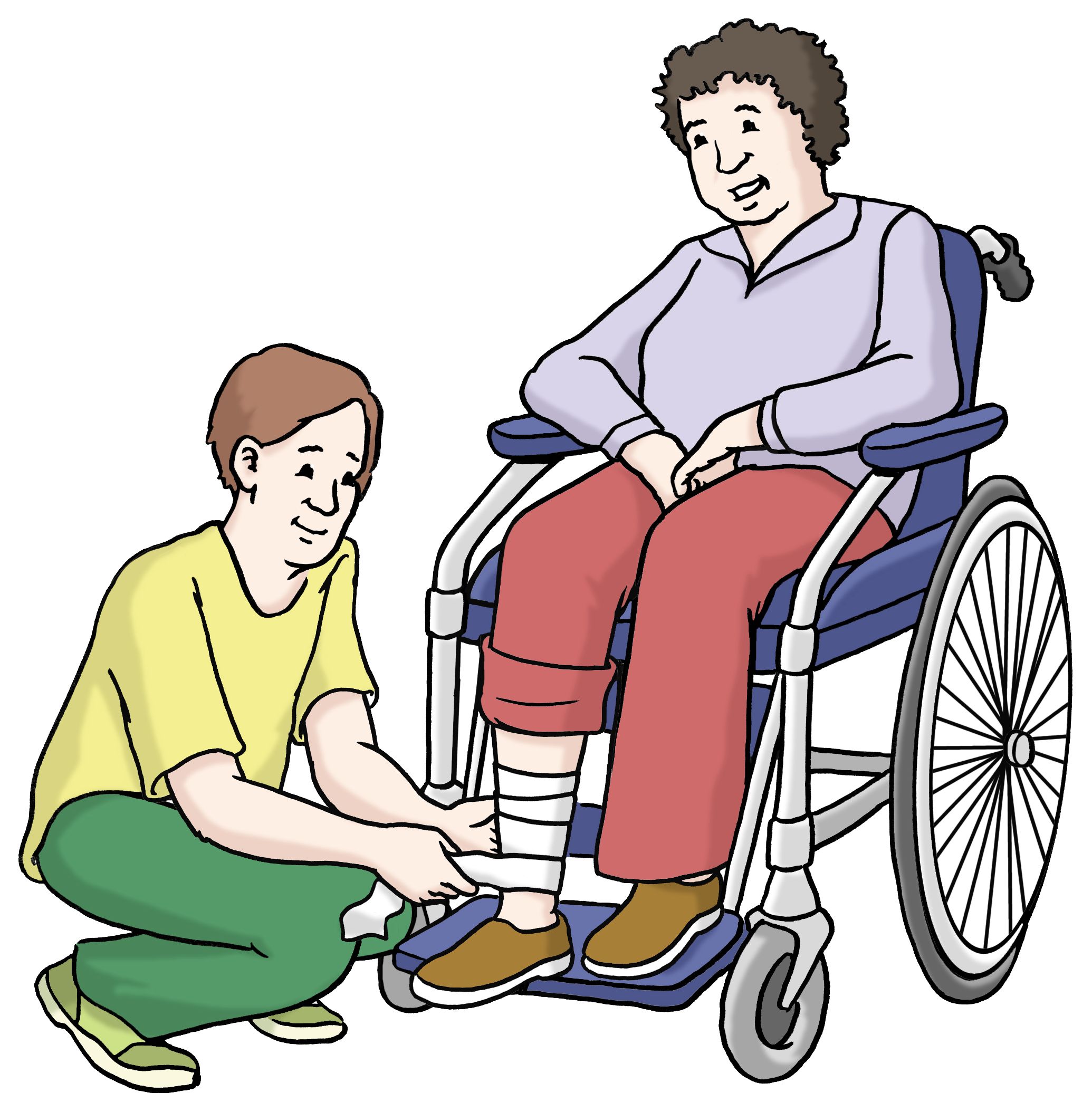 Leichte Sprache Bild: Eine Person verbindet einer Person im Rollstuhl das Bein