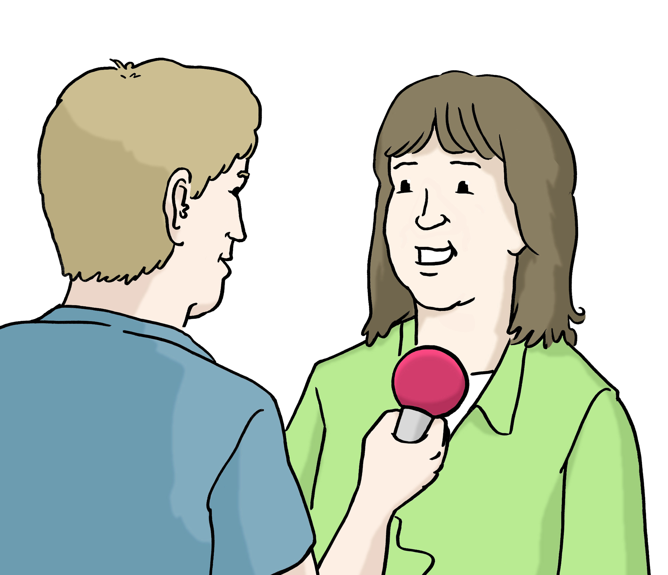 Leichte Sprache Bild: Ein Mann mit einem Mikro interviewt eine Frau