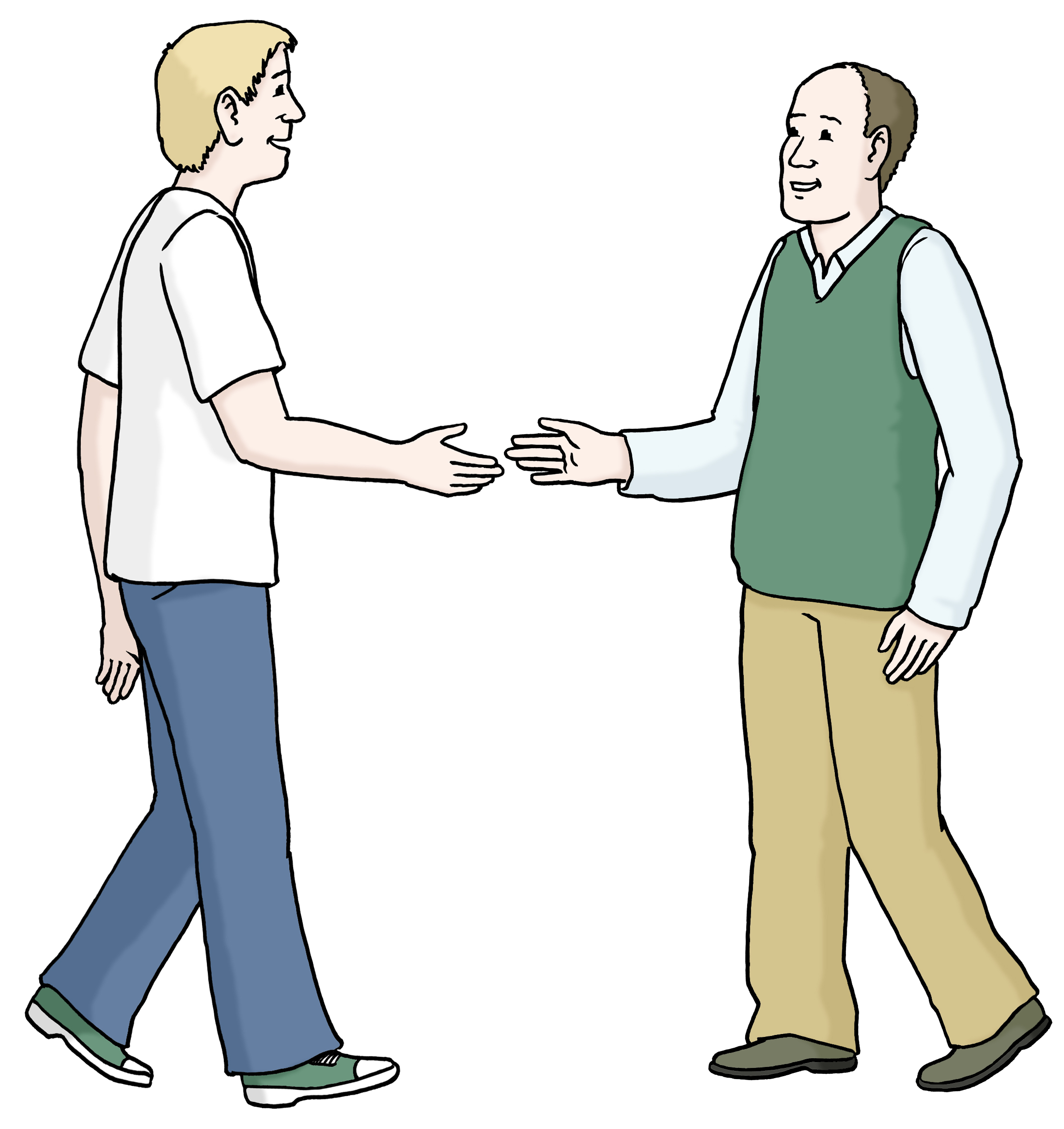 Leichte Sprache Bild: Zwei Männer treffen sich und reichen sich die Hand