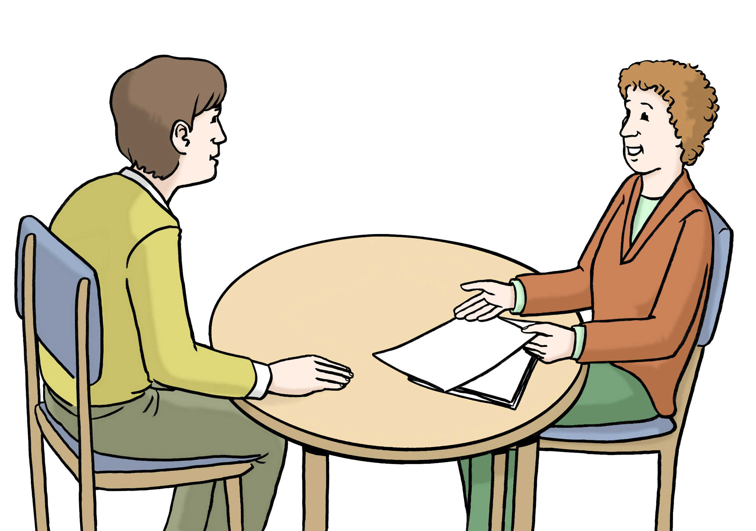 Leichte Sprache Bild: Mann und Frau an einem Tisch, die Frau spricht und gestikuliert